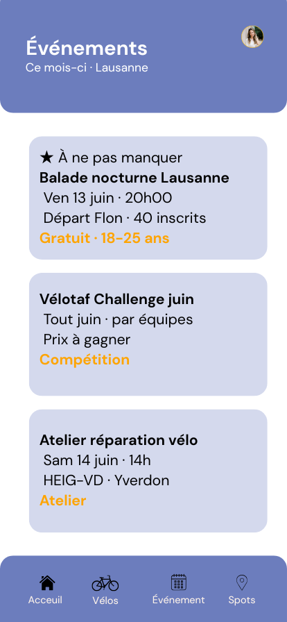 VéloPass app — liste événements